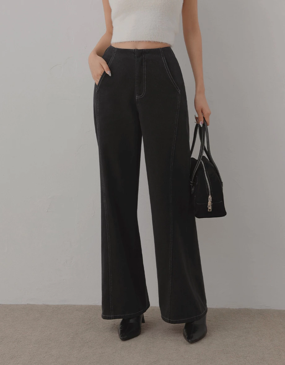 Contrast Stitch High Waist Wide Leg Pants with Pockets