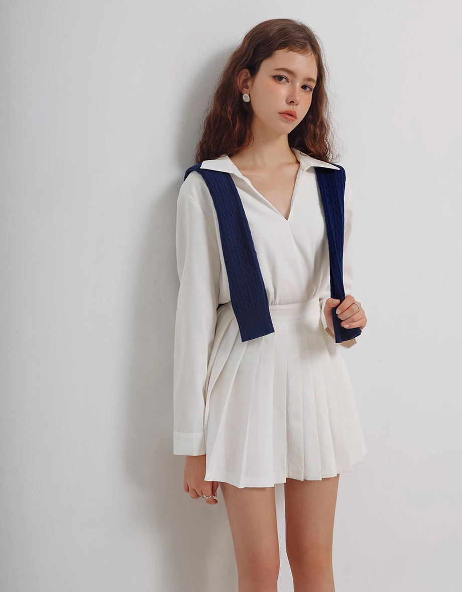 Collared Long Sleeve Pleated Mini Shirt Dress with Wrap Front Design