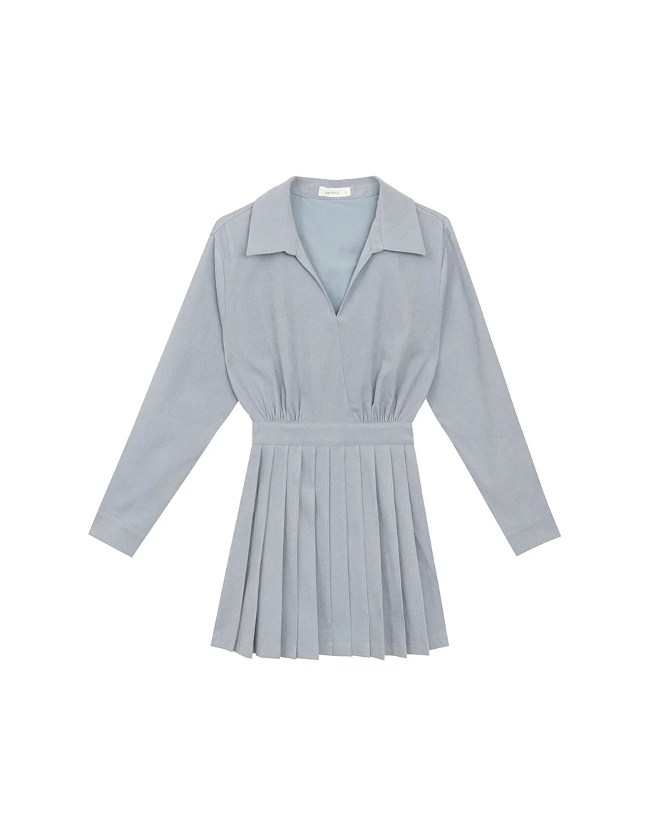 Collared Long Sleeve Pleated Mini Shirt Dress with Wrap Front Design