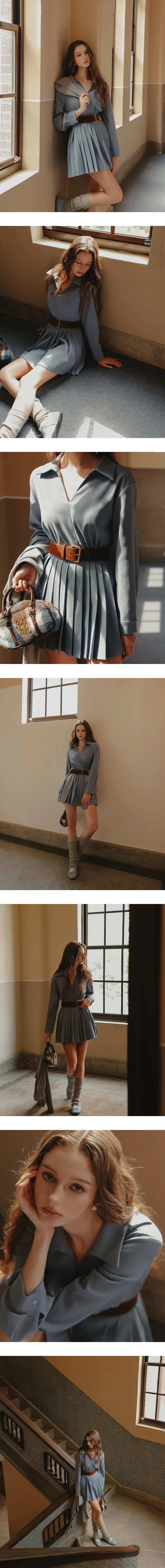 Collared Long Sleeve Pleated Mini Shirt Dress with Wrap Front Design