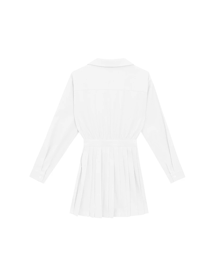Collared Long Sleeve Pleated Mini Shirt Dress with Wrap Front Design