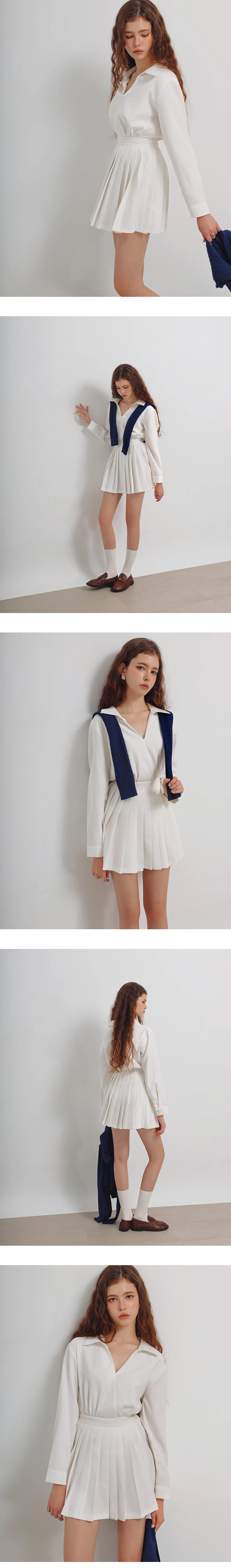 Collared Long Sleeve Pleated Mini Shirt Dress with Wrap Front Design