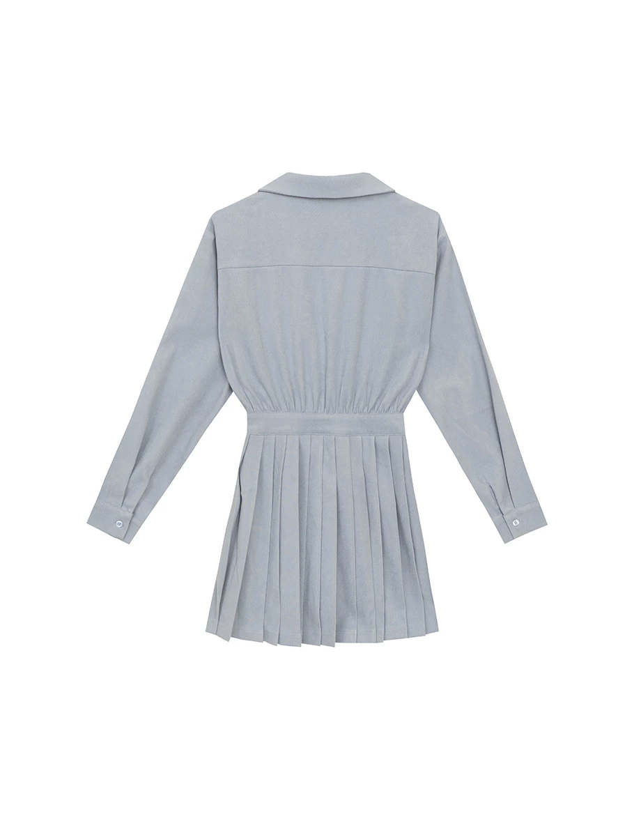 Collared Long Sleeve Pleated Mini Shirt Dress with Wrap Front Design