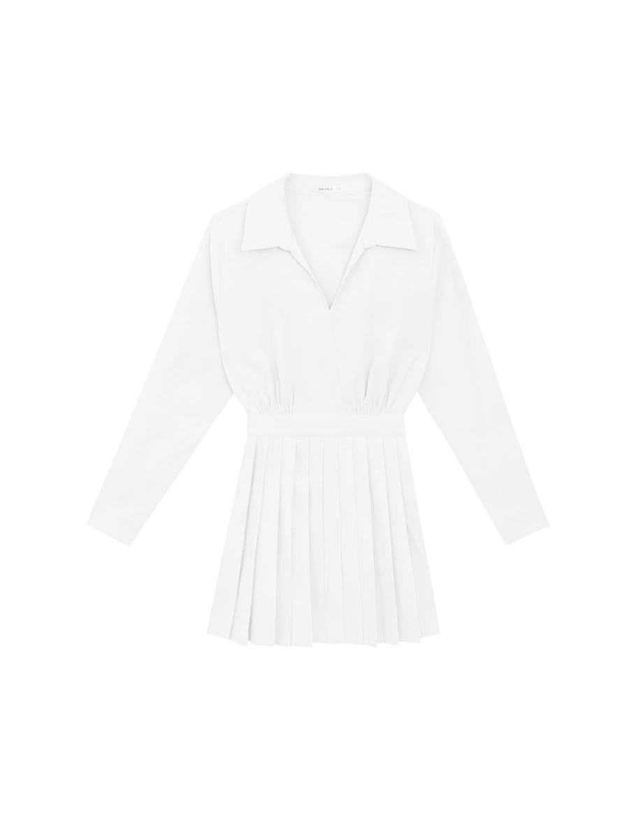 Collared Long Sleeve Pleated Mini Shirt Dress with Wrap Front Design