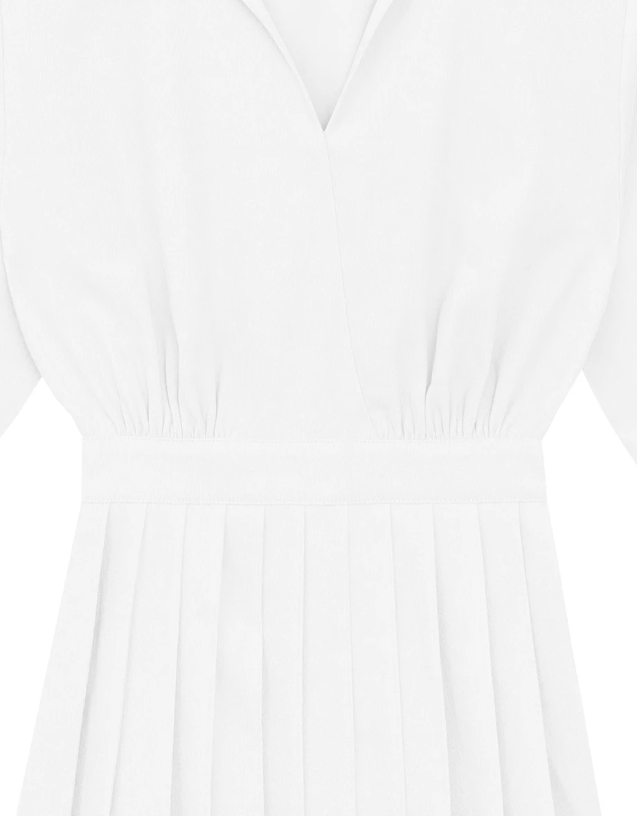 Collared Long Sleeve Pleated Mini Shirt Dress with Wrap Front Design