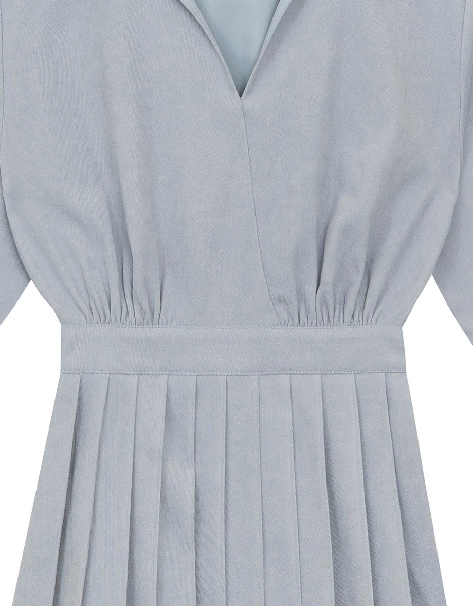 Collared Long Sleeve Pleated Mini Shirt Dress with Wrap Front Design