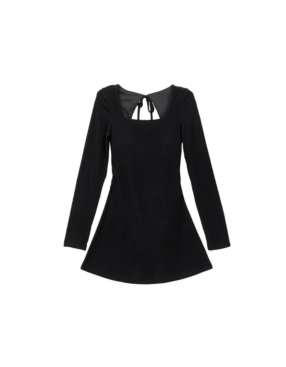 Elegant Fit Ribbed Square Neck Open Back Padded Mini Dress Elegant Fit Ribbed Square Neck Open Back Padded Mini Dress