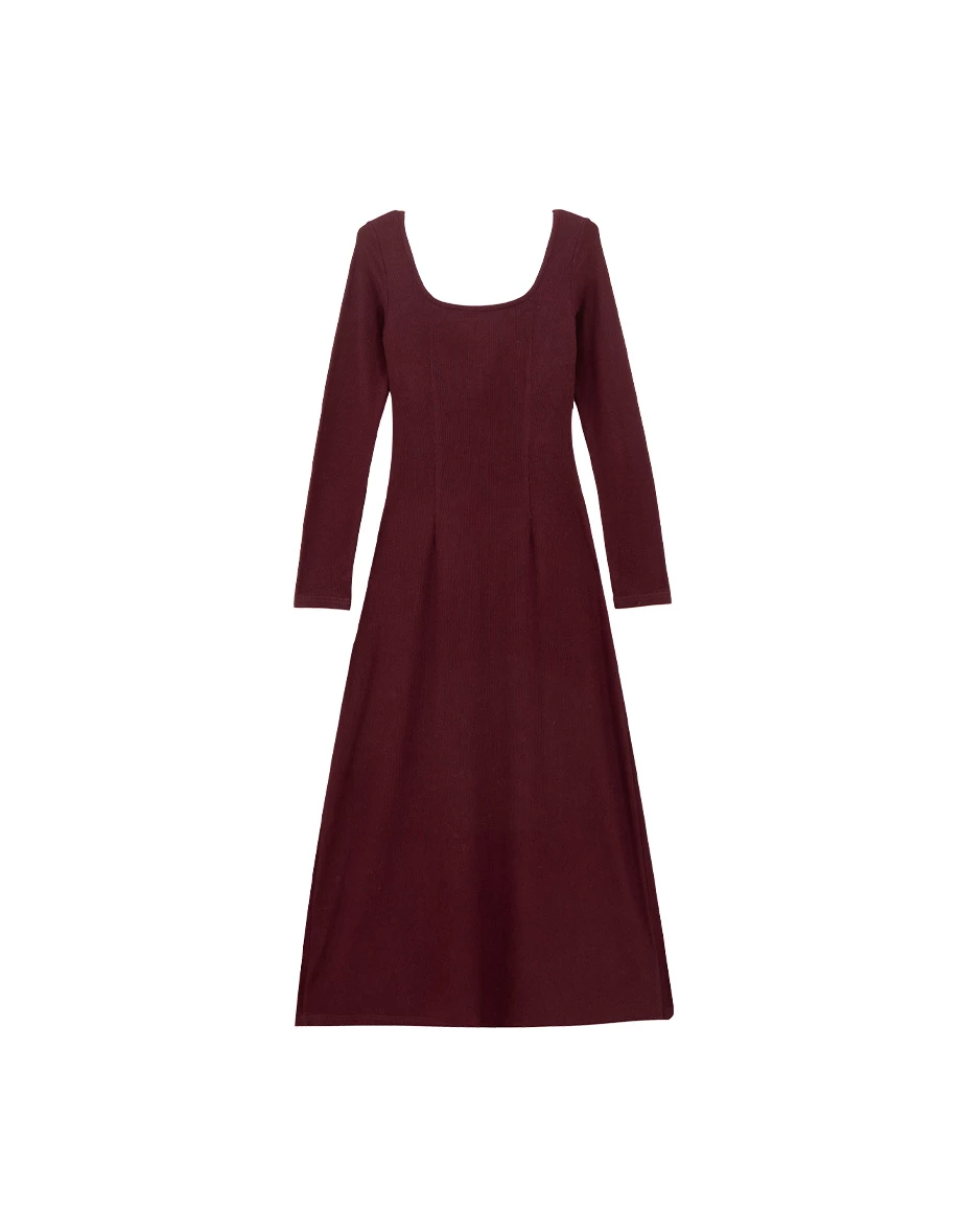 Elegant Fit Ribbed Square Neck Long Sleeve Padded Maxi Dress