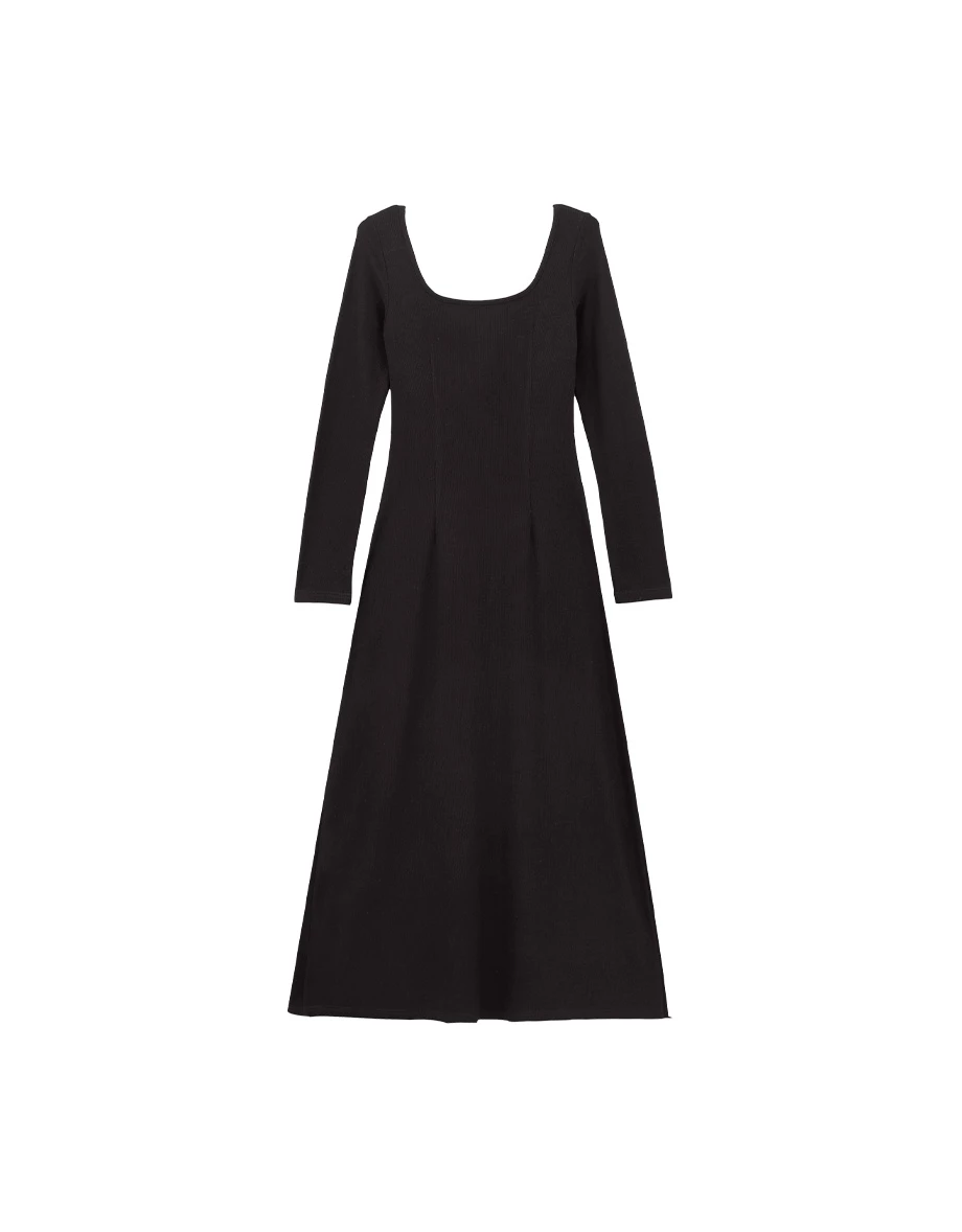 Elegant Fit Ribbed Square Neck Long Sleeve Padded Maxi Dress Elegant Fit Ribbed Square Neck Long Sleeve Padded Maxi Dress