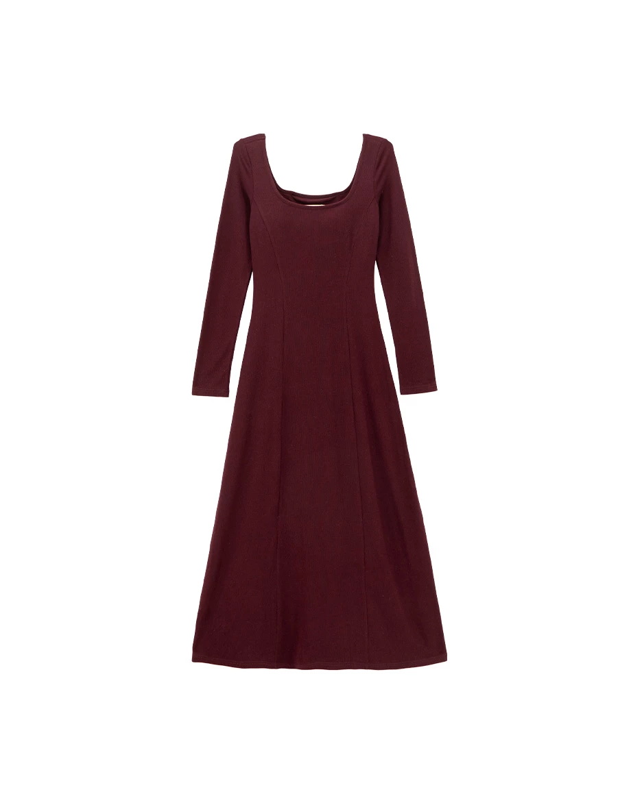 Elegant Fit Ribbed Square Neck Long Sleeve Padded Maxi Dress