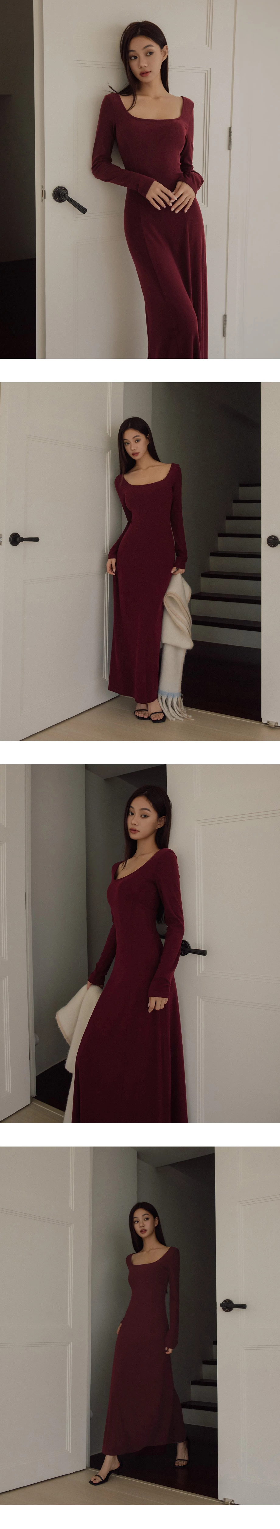 Elegant Fit Ribbed Square Neck Long Sleeve Padded Maxi Dress