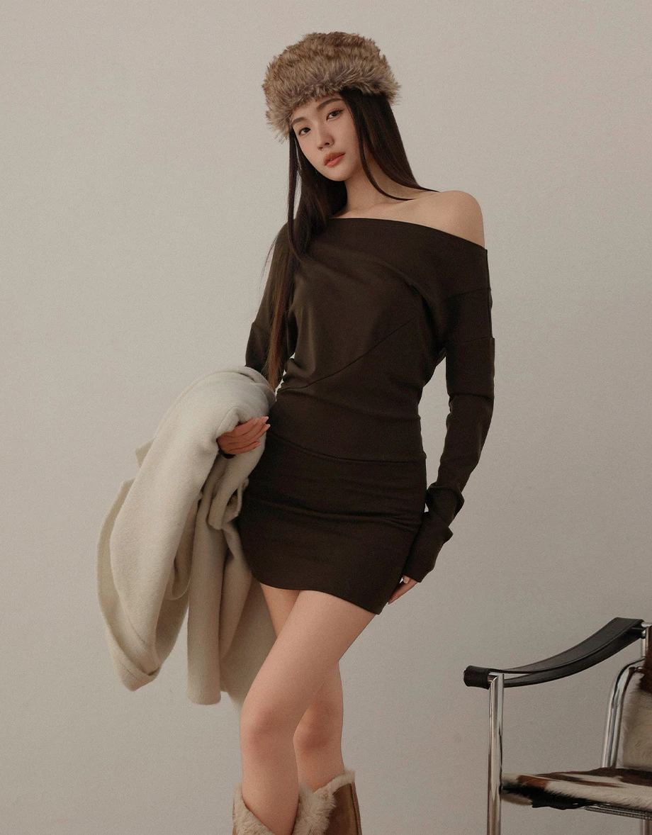 Asymmetric Neck Ruched Low Waist Mini Dress