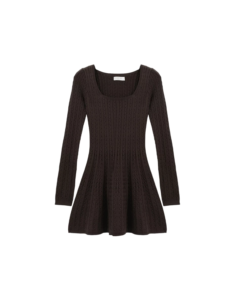 Square Neck Cable Knit Flared Hem Mini Dress
