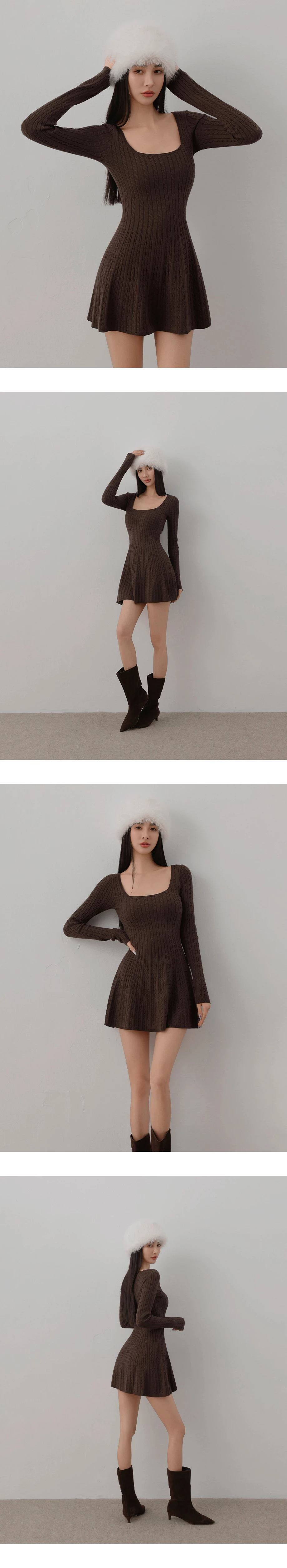 Square Neck Cable Knit Flared Hem Mini Dress