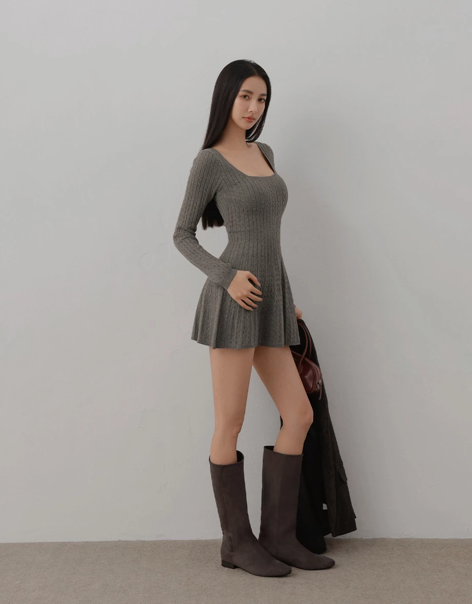 Square Neck Cable Knit Flared Hem Mini Dress