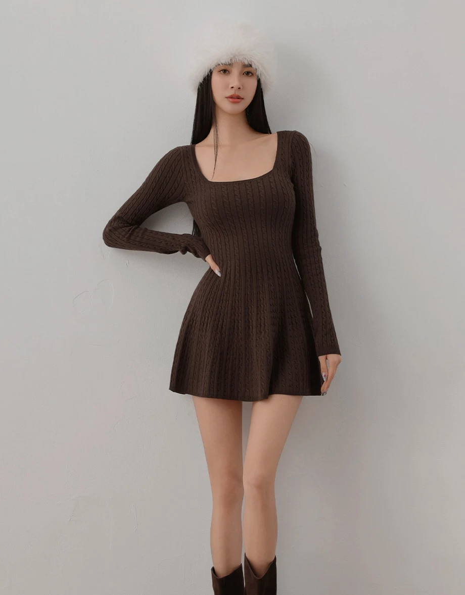 Square Neck Cable Knit Flared Hem Mini Dress Square Neck Cable Knit Flared Hem Mini Dress