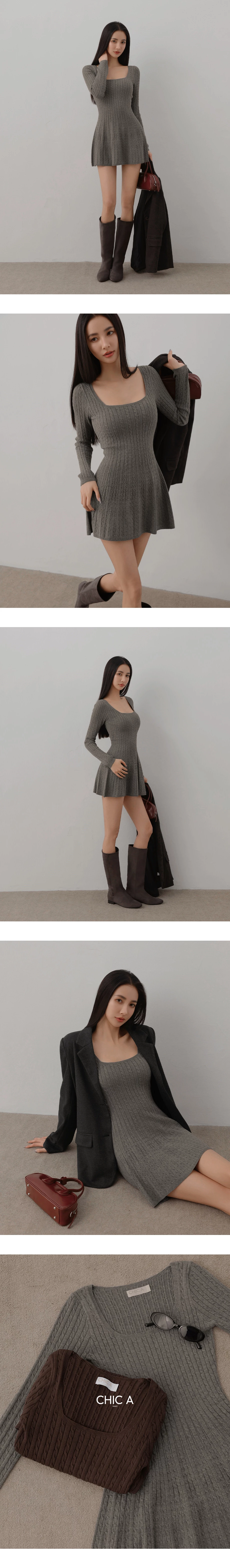 Square Neck Cable Knit Flared Hem Mini Dress