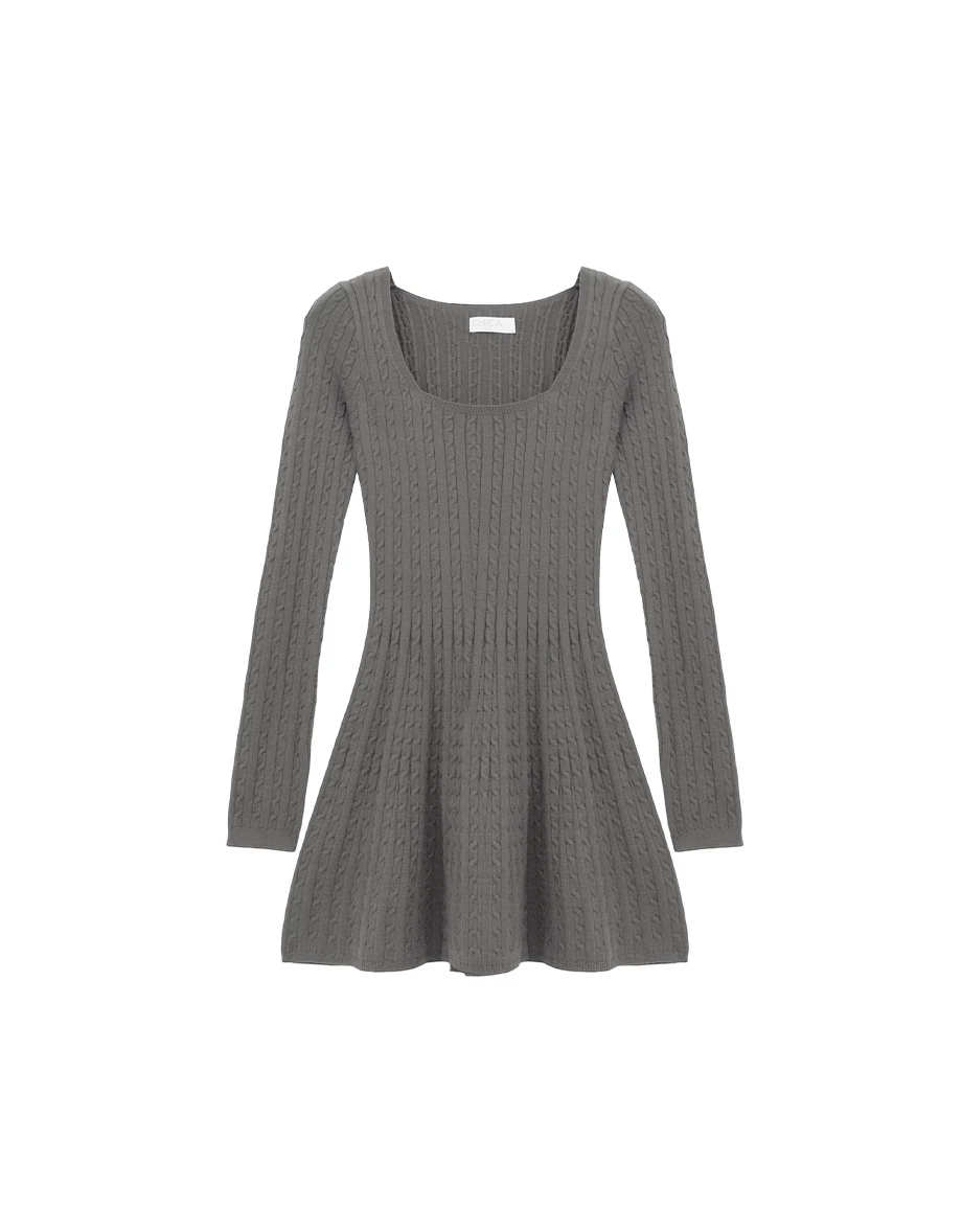 Square Neck Cable Knit Flared Hem Mini Dress