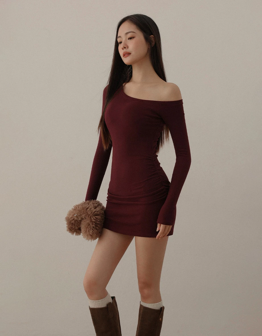 One Shoulder Fleece Lined Ruched Bodycon Padded Mini Dress One Shoulder Fleece Lined Ruched Bodycon Padded Mini Dress