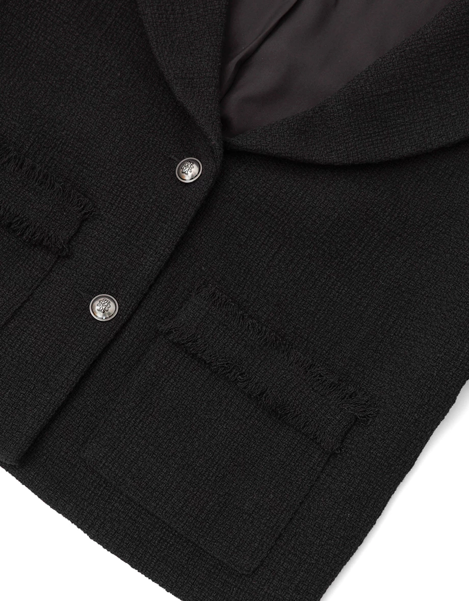 Tweed Textured Collar Short Jacket with Pearl Buttons