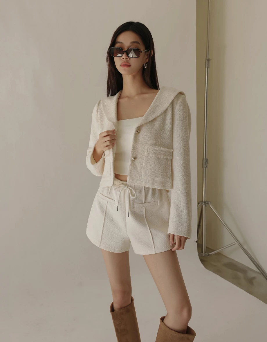 Tweed Textured Collar Short Jacket with Pearl Buttons