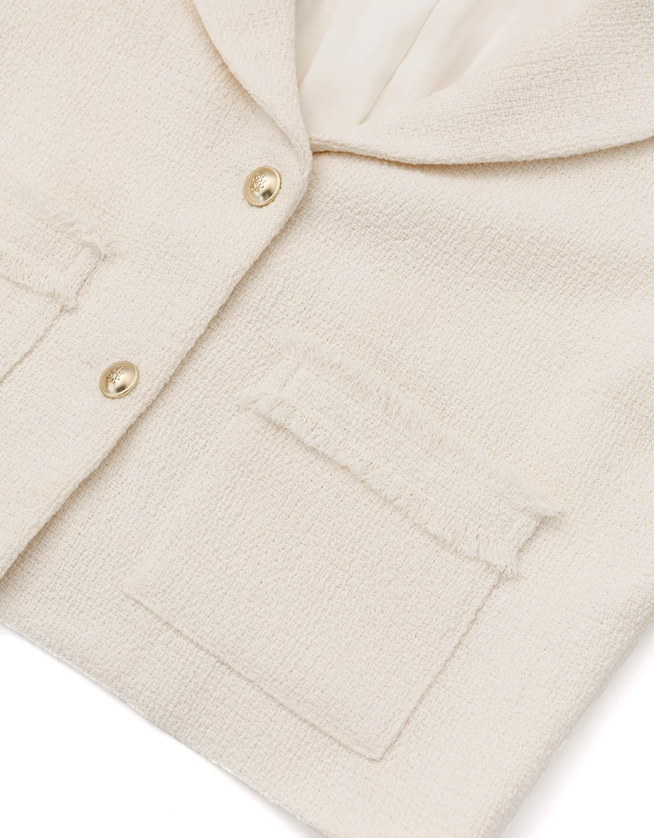 Tweed Textured Collar Short Jacket with Pearl Buttons