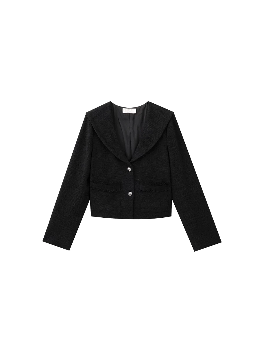 Tweed Textured Collar Short Jacket with Pearl Buttons