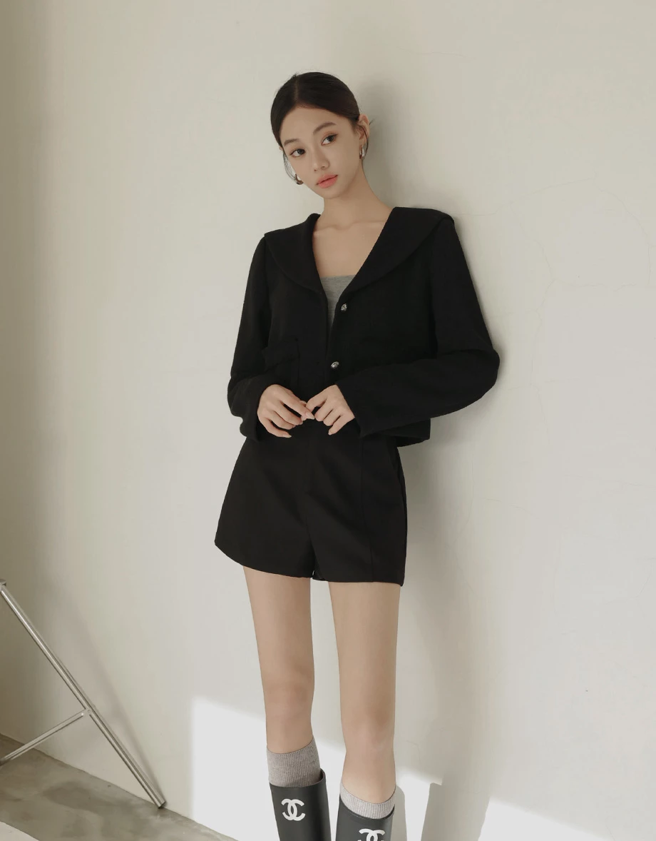 Tweed Textured Collar Short Jacket with Pearl Buttons