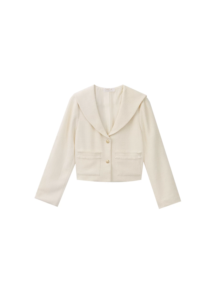 Tweed Textured Collar Short Jacket with Pearl Buttons