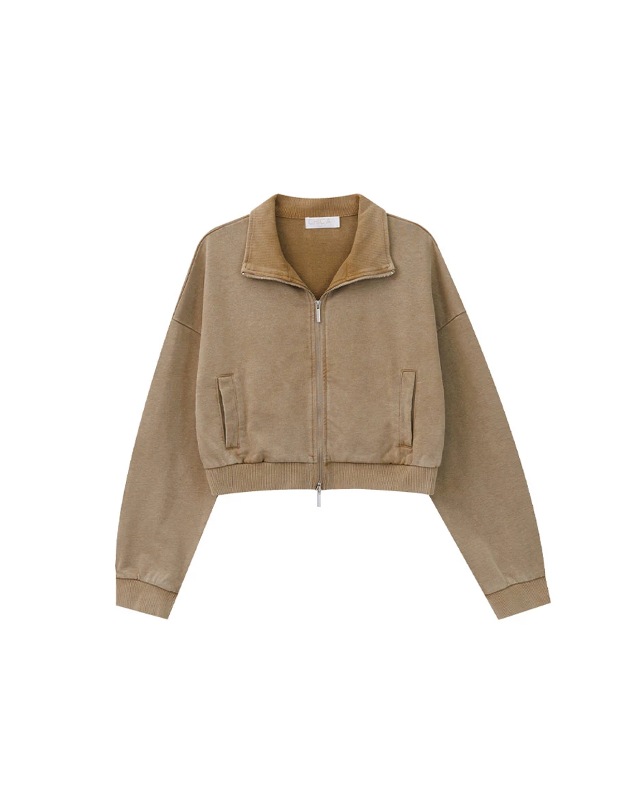 Soft Cotton Blend Stand Collar Zip Up Crop Jacket