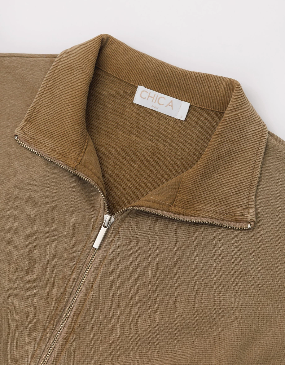 Soft Cotton Blend Stand Collar Zip Up Crop Jacket