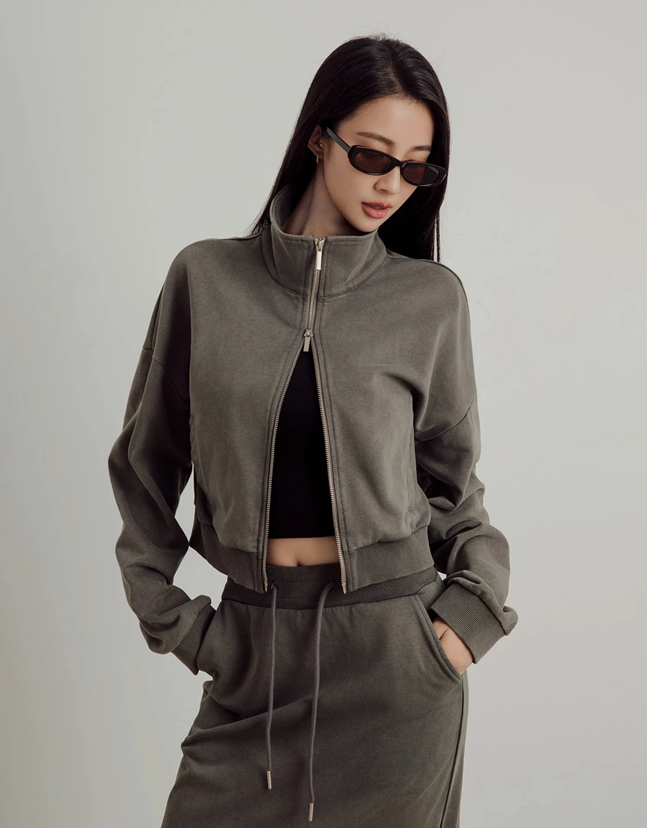 Soft Cotton Blend Stand Collar Zip Up Crop Jacket