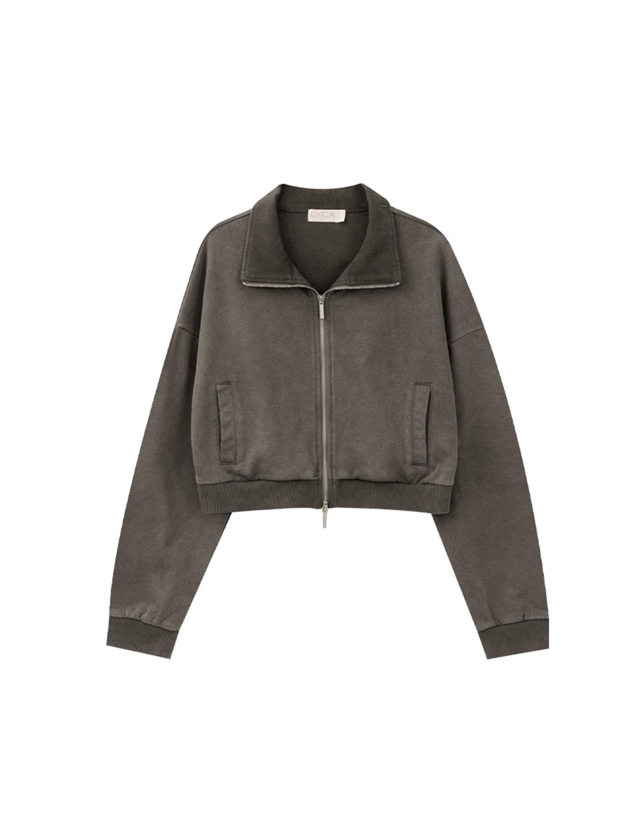 Soft Cotton Blend Stand Collar Zip Up Crop Jacket