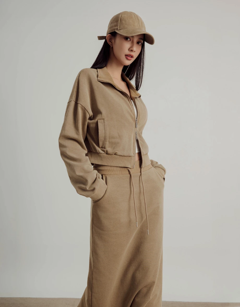 Soft Cotton Blend Stand Collar Zip Up Crop Jacket