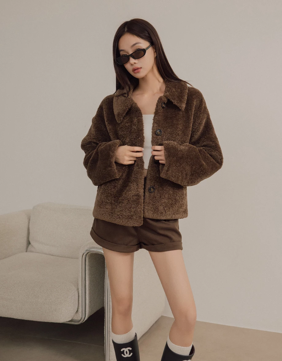 Fuzzy Faux Fur Button Front Collared Jacket