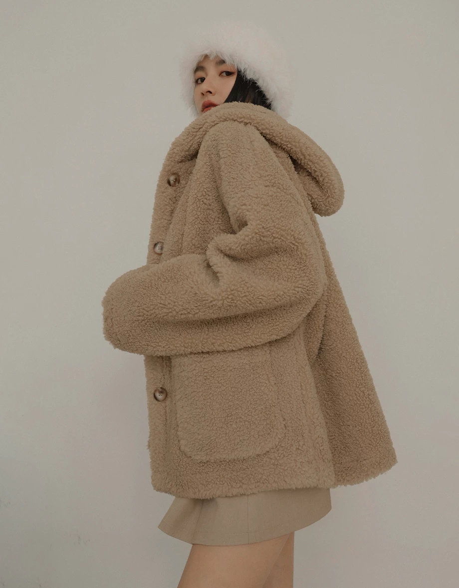 Fluffy Faux Fur Hooded Button Up Jacket Fluffy Faux Fur Hooded Button Up Jacket