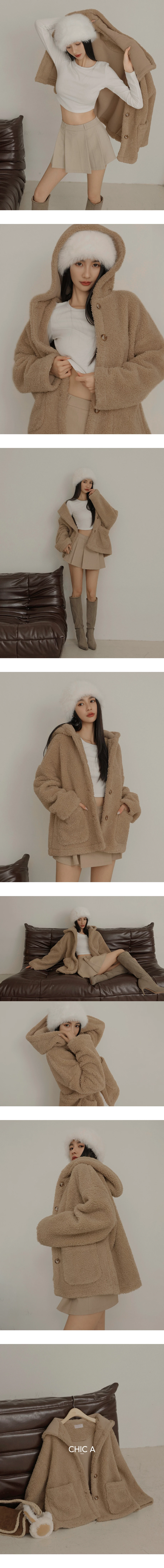 Fluffy Faux Fur Hooded Button Up Jacket
