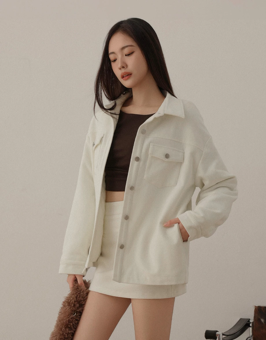 Oversized Collared Button Up Shirt Jacket with Front Flap Pockets