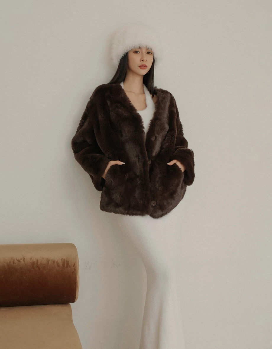 Button Front Fluffy V Neck Faux Fur Jacket