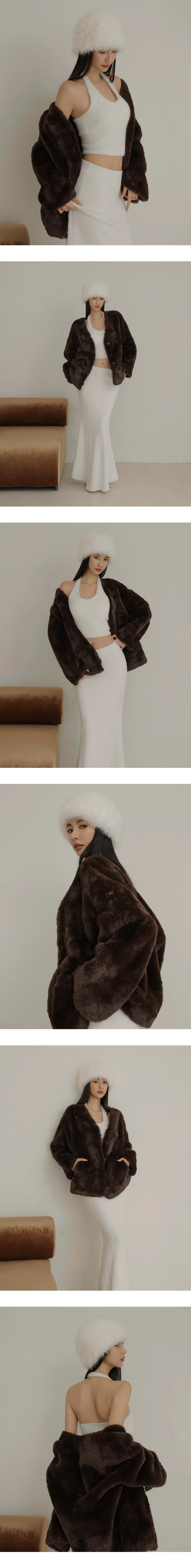 Button Front Fluffy V Neck Faux Fur Jacket