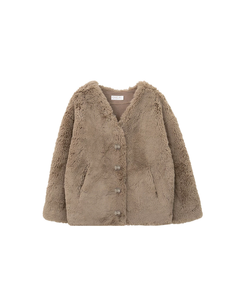 Button Front Fluffy V Neck Faux Fur Jacket