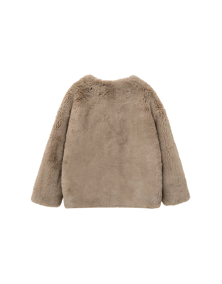 Button Front Fluffy V Neck Faux Fur Jacket