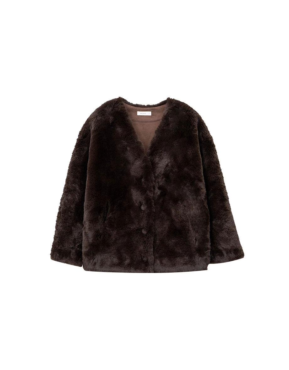 Button Front Fluffy V Neck Faux Fur Jacket