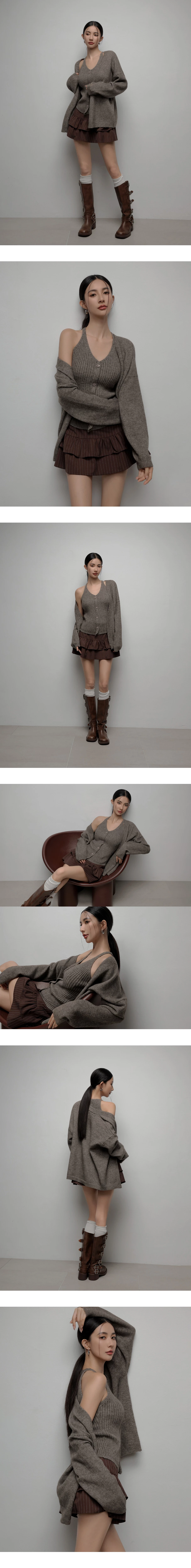 Soft Knit Open Cardigan with Matching Ribbed Buttoned Halter Vest Set Wear