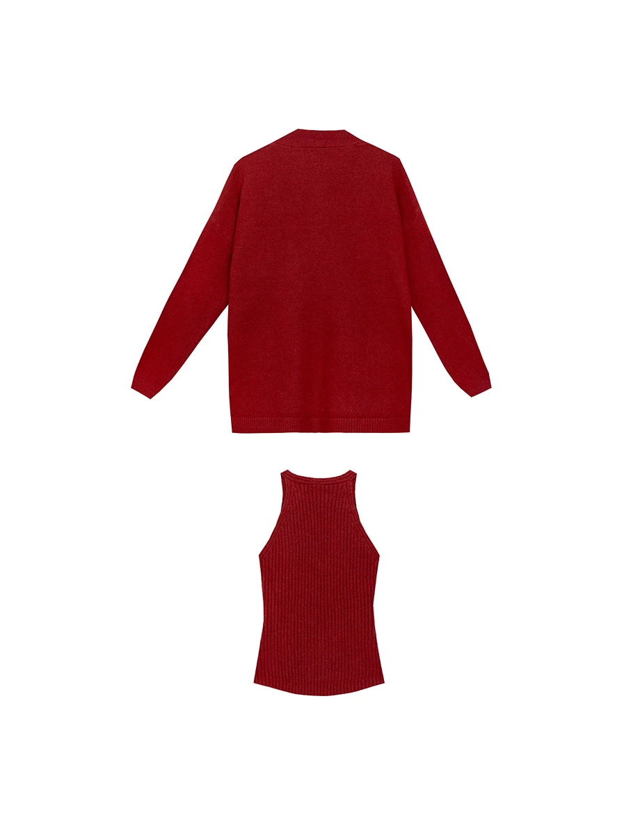 Soft Knit Open Cardigan with Matching Ribbed Buttoned Halter Vest Set Wear