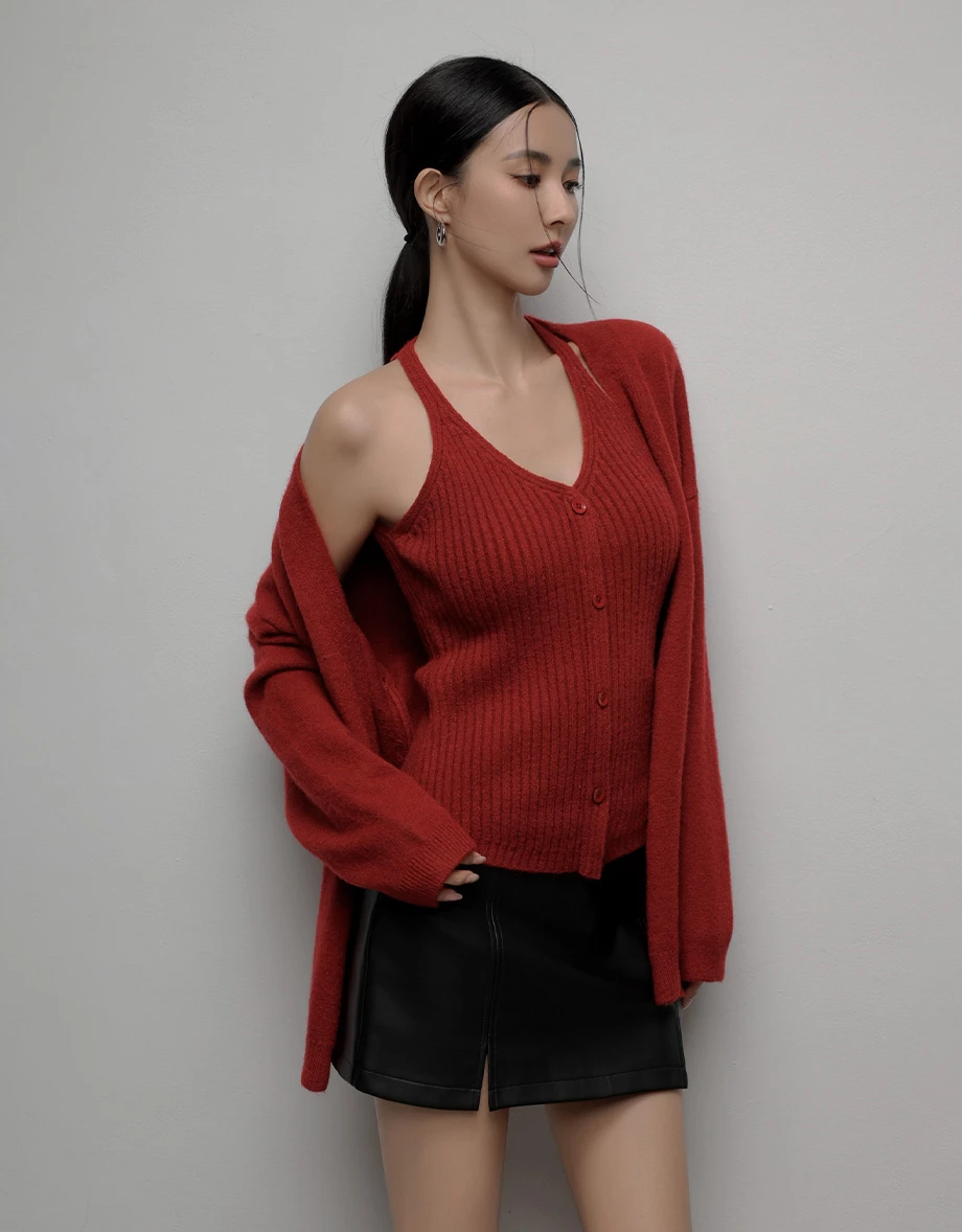 Soft Knit Open Cardigan with Matching Ribbed Buttoned Halter Vest Set Wear