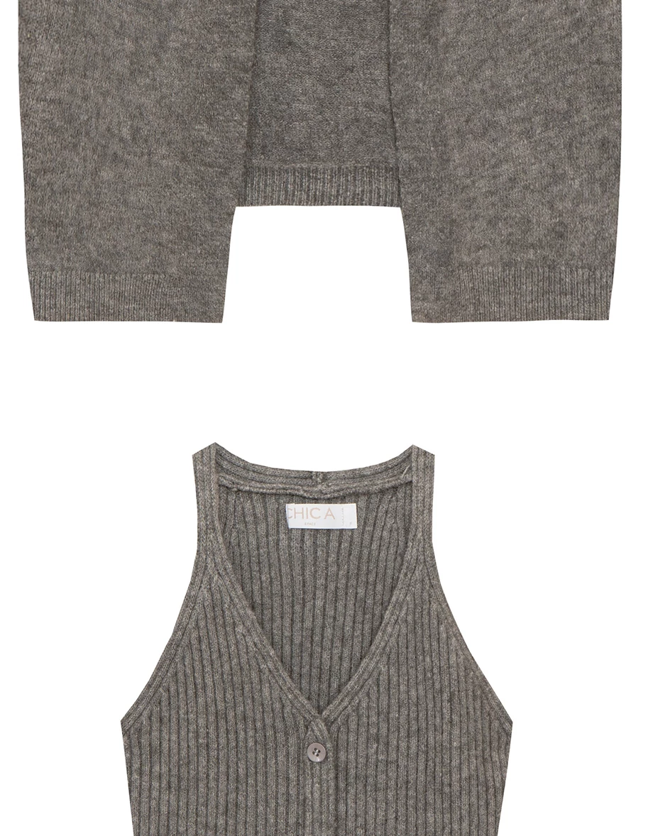 Soft Knit Open Cardigan with Matching Ribbed Buttoned Halter Vest Set Wear