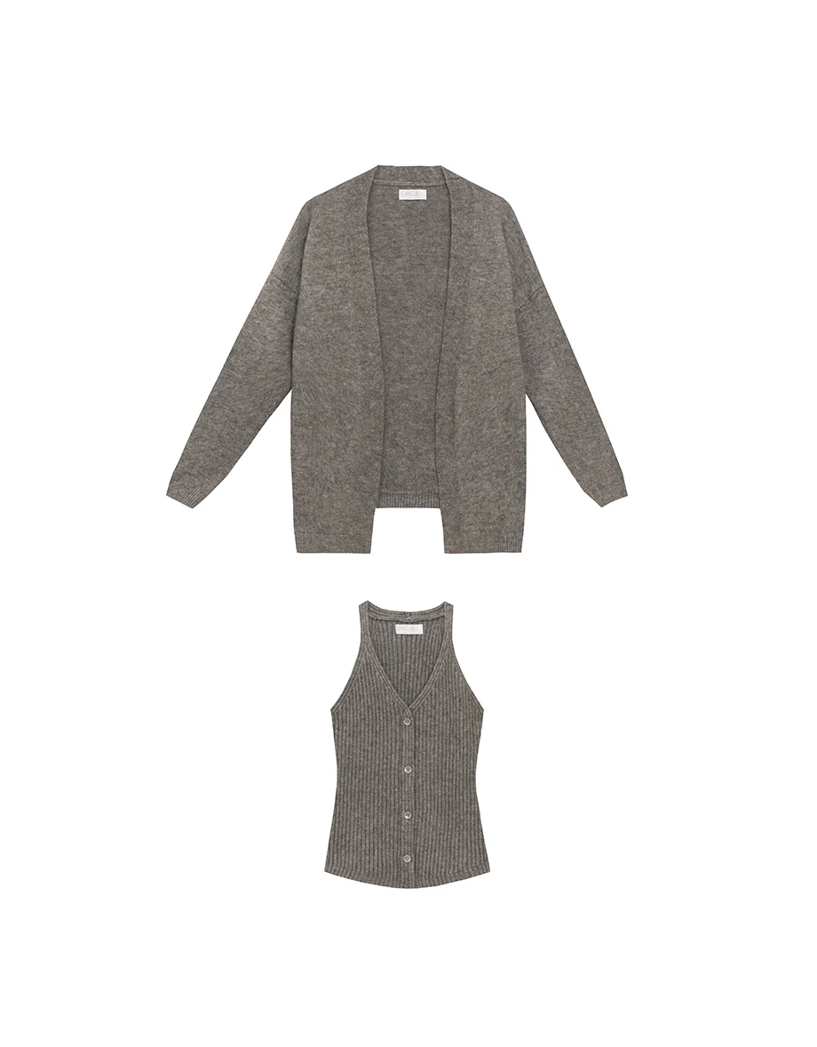 Soft Knit Open Cardigan with Matching Ribbed Buttoned Halter Vest Set Wear