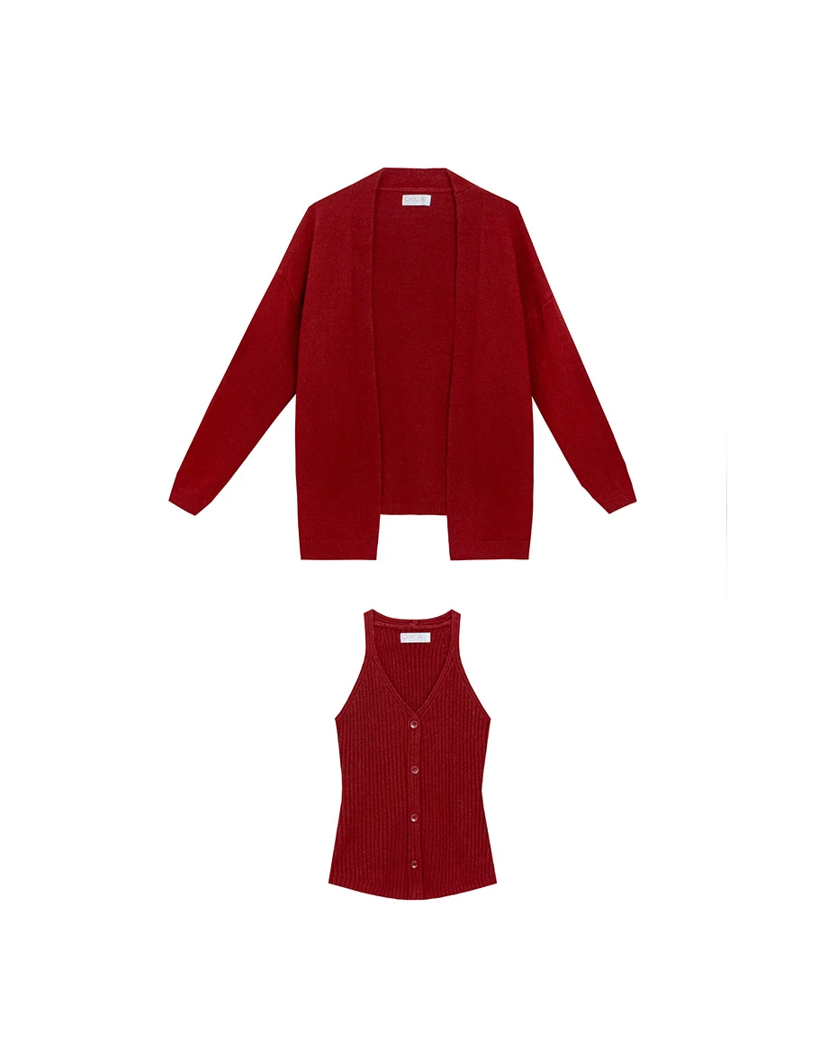 Soft Knit Open Cardigan with Matching Ribbed Buttoned Halter Vest Set Wear