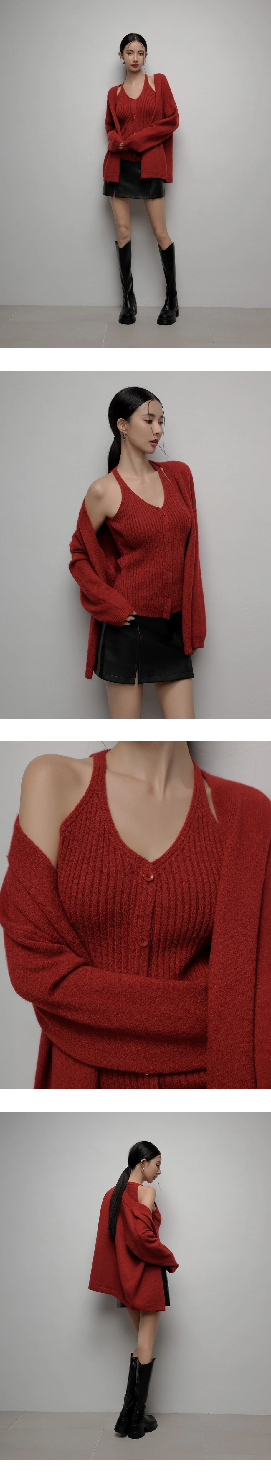 Soft Knit Open Cardigan with Matching Ribbed Buttoned Halter Vest Set Wear